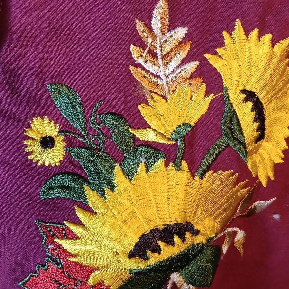 Collections Etc. Maroon Button Down Shirt with Floral Embroidery - Picture 3 of 6